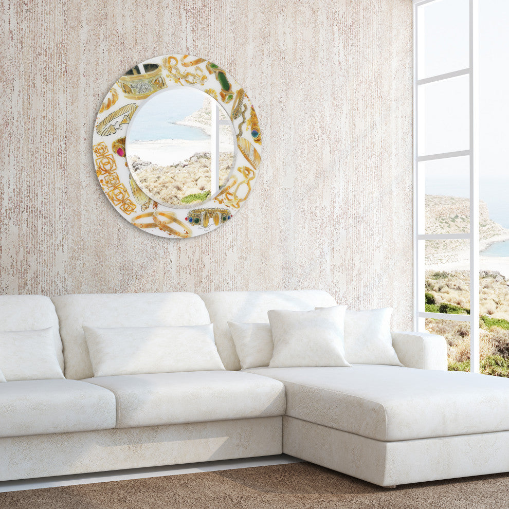 "Gold Charm" Round Beveled Wall Mirror on Floating Printed Tempered Art Glass