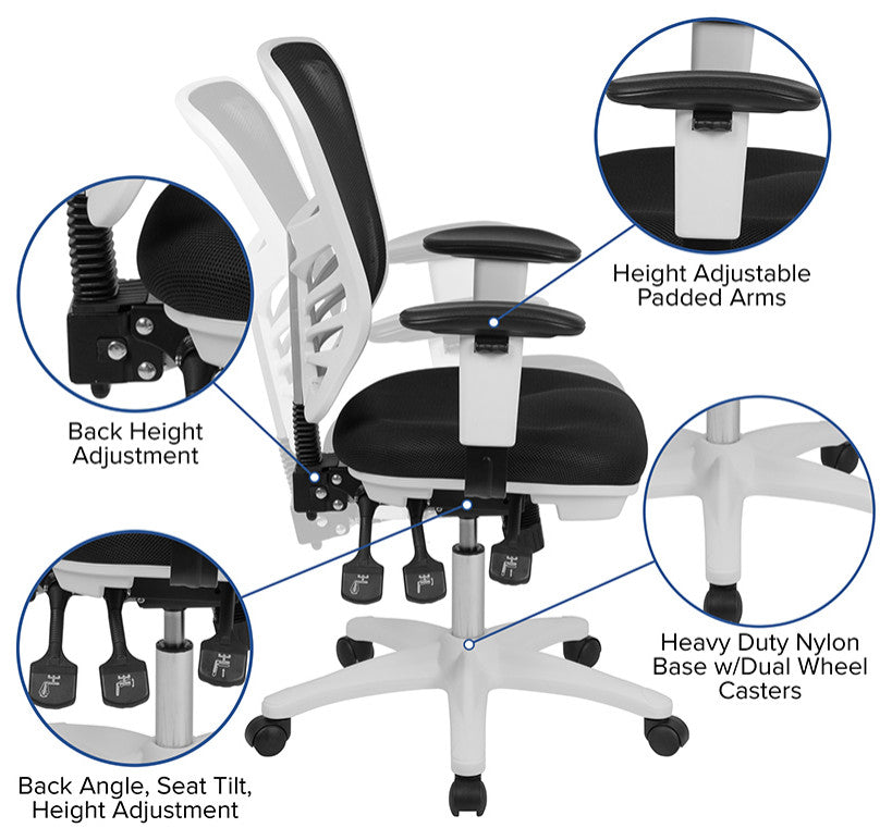 Mid-Back Mesh Swivel Task Chair with Triple Paddle Control, Black Mesh/White Fra