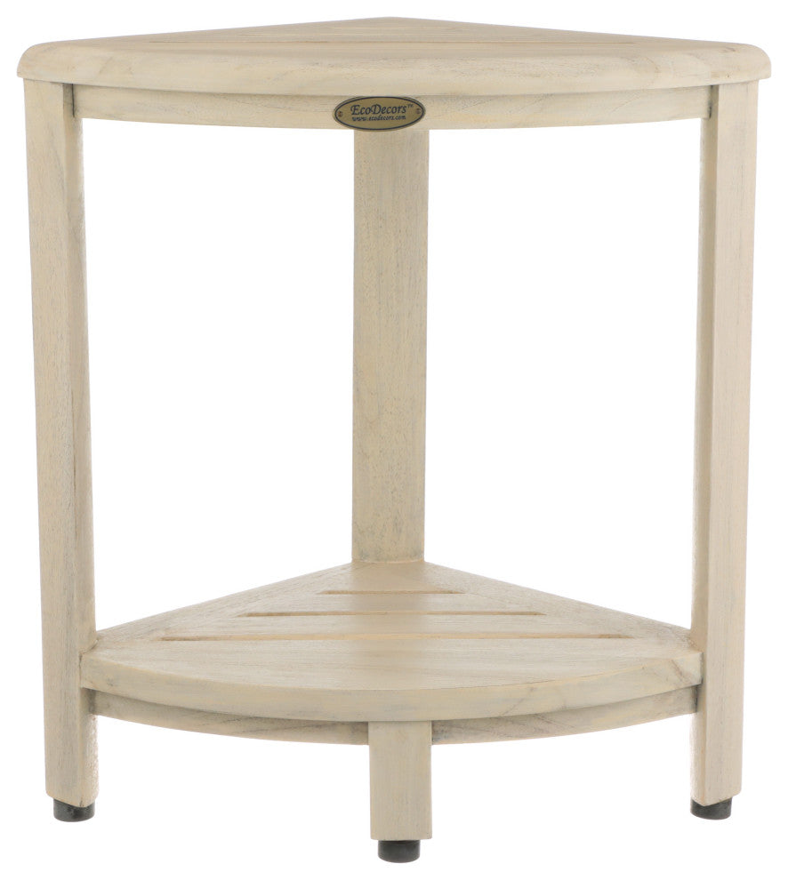 CoastalVogue Oasis 18" Teak Corner Shower Bench with Shelf in White Driftwood