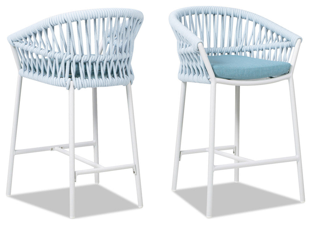 Maiden 27" Woven Barrel Back Outdoor Patio Counter Stool, Set of 2, Sky Blue Sunproof Olefin