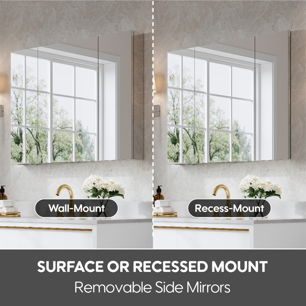 Recessed/Surface Mount Bathroom Medicine Cabinet, Soft-Close Blum Hinges, 40"x30", Triple Swing