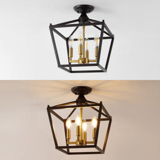 Mini Lantern 12" 4-Light Iron Farmhouse LED Flush Mount, Oil Rubbed Bronze/Gold