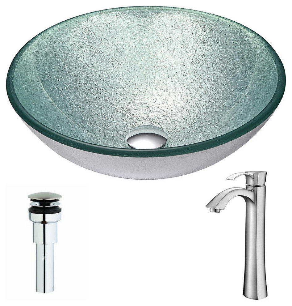 Spirito Deco-Glass Sink, Churning Silver-Harmony Faucet, Brushed Nickel