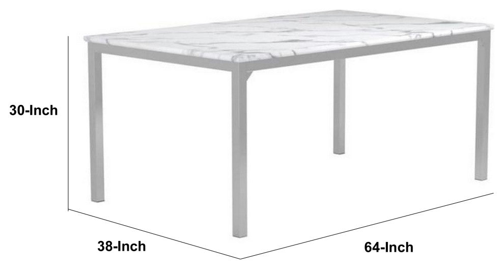 Benzara BM230351 Faux Marble Dining Table With Straight Metal Legs, Gray/White