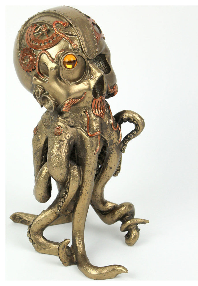 Bronze / Copper Finished Steampunk Human Skull / Octopus Fantasy Tabletop Statu