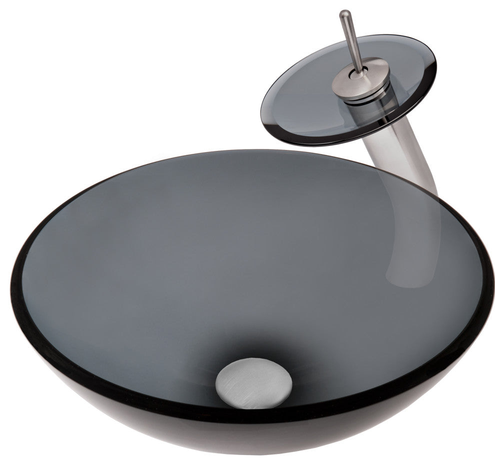 Nera Round Clear Slate Grey Glass Vessel Bath Sink Combo with Faucet and Drain, Brushed Nickel