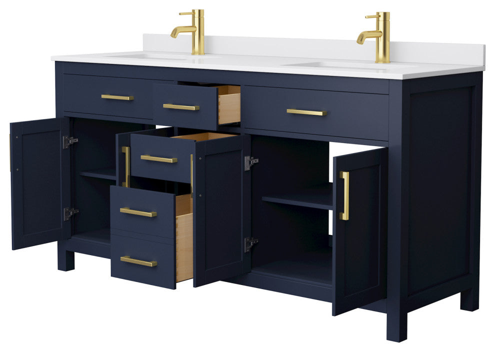 66" Double Bathroom Vanity Dark Blue, White Cultured Marble Countertop, Sinks