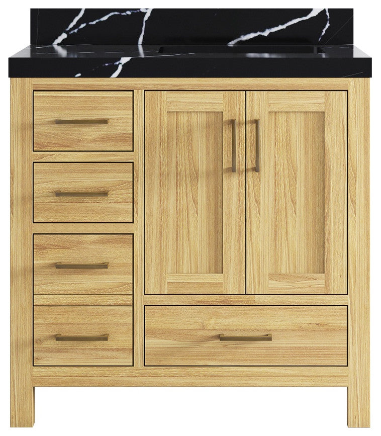 Malibu Teak 36" Right Offset Bath Vanity in Light Natural  2" Calacatta Black
