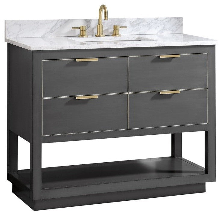 Avanity Allie 43 In. Vanity, Twilight Gray/ Gold, Natural 1" Carrara White Marble Countertop and Backsplash