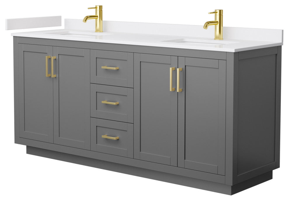 72"DBL Bath Vanity Dark Gray, White Cult.Marble Countertop, Sinks, Gold Trim