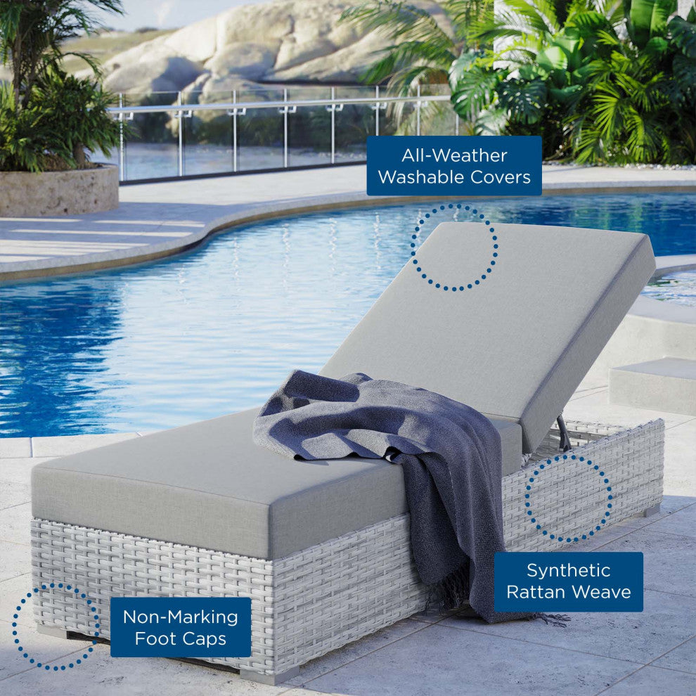 Lounge Chair Chaise, Rattan, Wicker, Gray, Modern, Outdoor Patio Bistro
