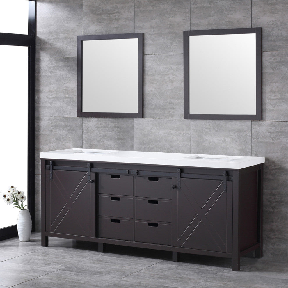Marsyas 80" Brown Double Vanity Cabinet Quartz Top Sinks, 30" Wall Mirrors