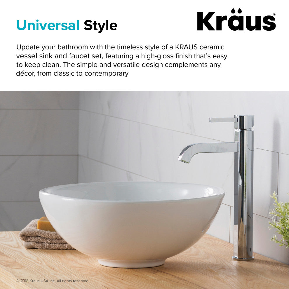 Elavo Round Ceramic Vessel Sink, Bathroom Ramus Faucet, PU Drain, Chrome