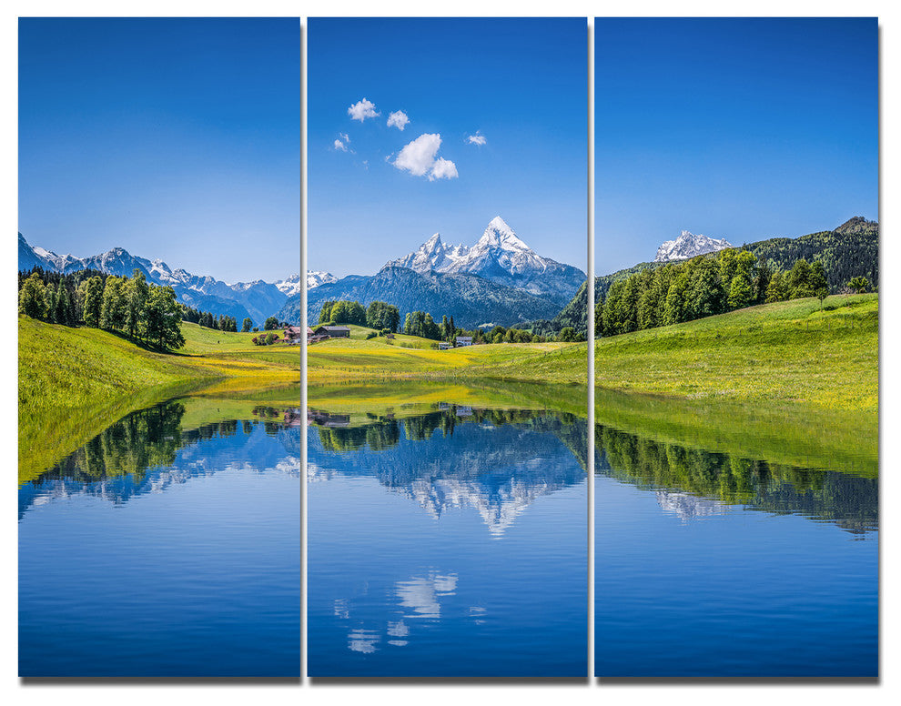Summer with Clear Mountain Lake, Landscape Triptych Canvas Art, 36x28, 3 Panels