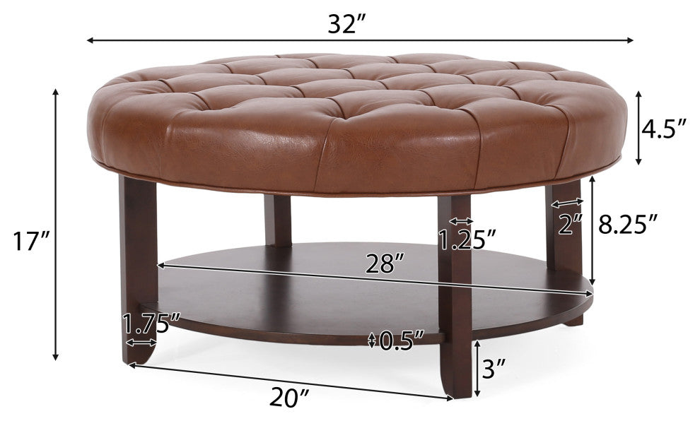 Baynes Faux Leather Tufted Wood Round Ottoman, Open Shelf, Cognac + Espresso
