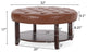 Baynes Faux Leather Tufted Wood Round Ottoman, Open Shelf, Cognac + Espresso