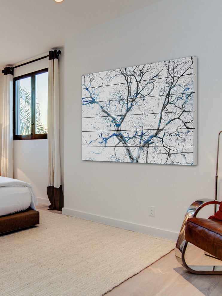 "Blue Branches" Print on White Wood, 45"x30"