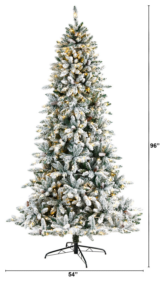 8' Flocked Livingston Fir Christmas Tree With Pine Cones & 500 Clear LED Lights