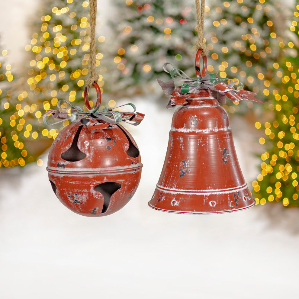 Set of 9 Assorted Sized Hanging Christmas Bells, Antique Red