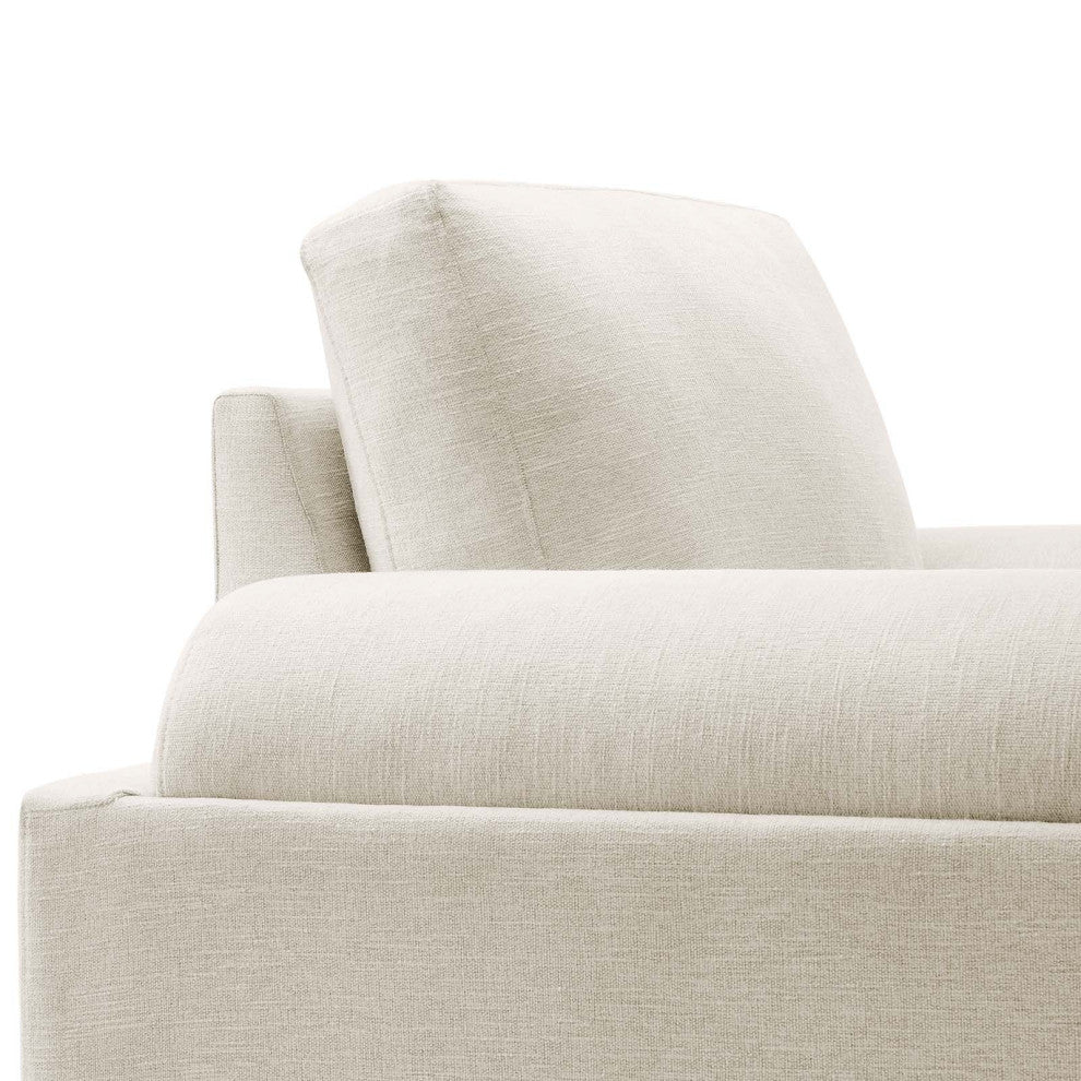 Modern Fabric Armchair with Wooden Plinth Base, Bolster Chair, Ivory