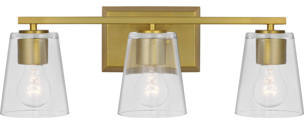 Vertex Collection Three-Light Brushed Gold Clear Glass Contemporary Bath Light