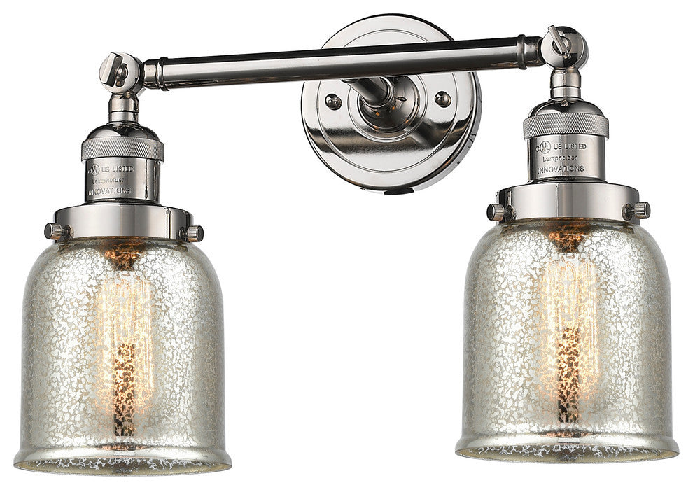 2-Light Small Bell 16" Bath Fixture, Polished Nickel, Glass: Silver Mercury