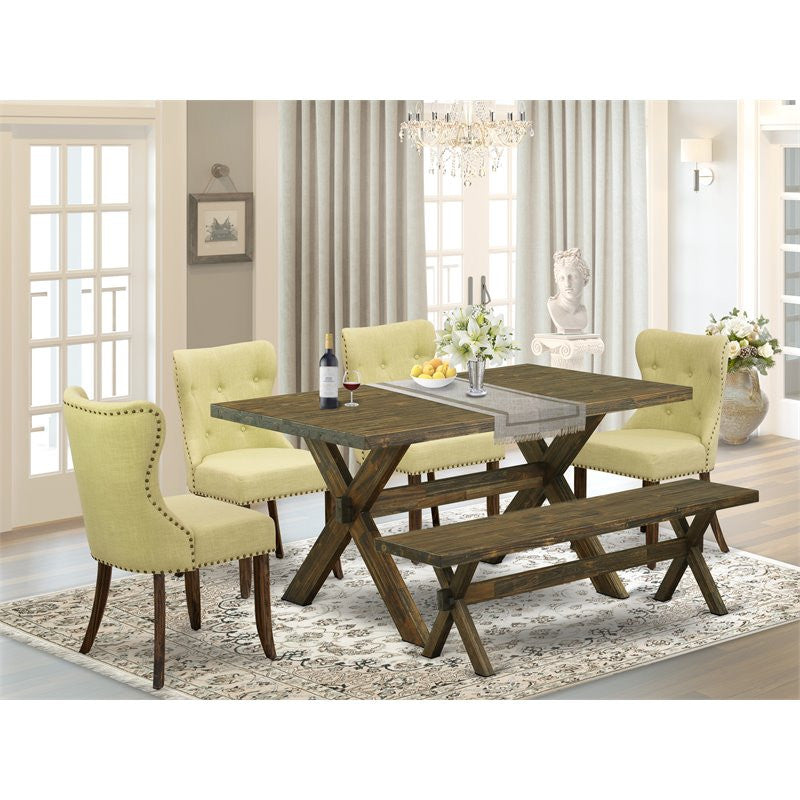 6-Piece Dinette Set, 4 Chairs With Mineral Blue Seat-Top Table and Dining Bench