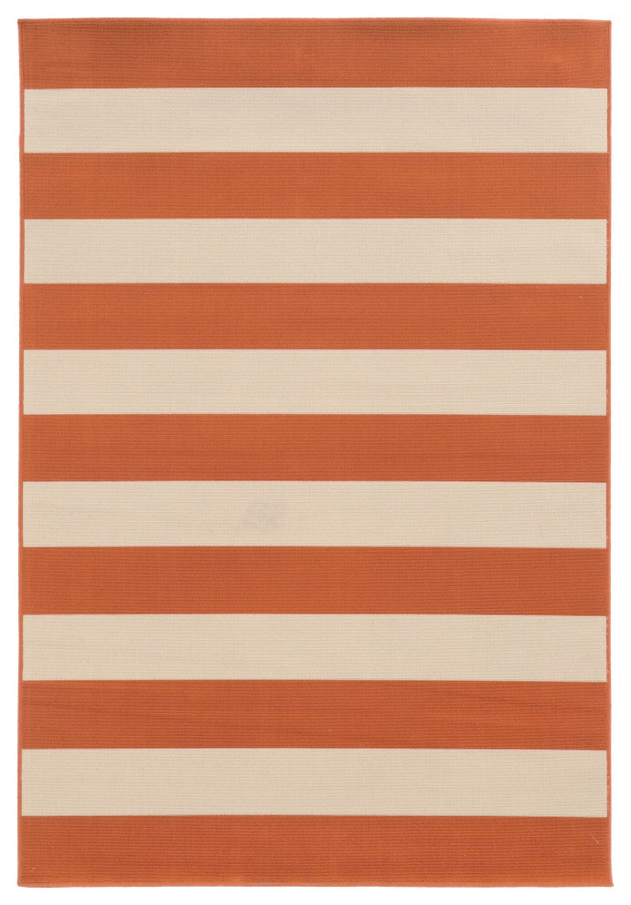 5??8??Orange And Ivory Striped Indoor Outdoor Area Rug