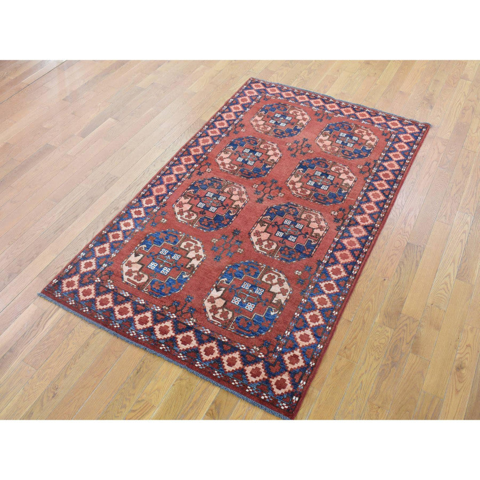 Coral Red, Afghan Ersari, Soft Wool, Hand Knotted, Oriental Rug, 4'0" x 6'8"