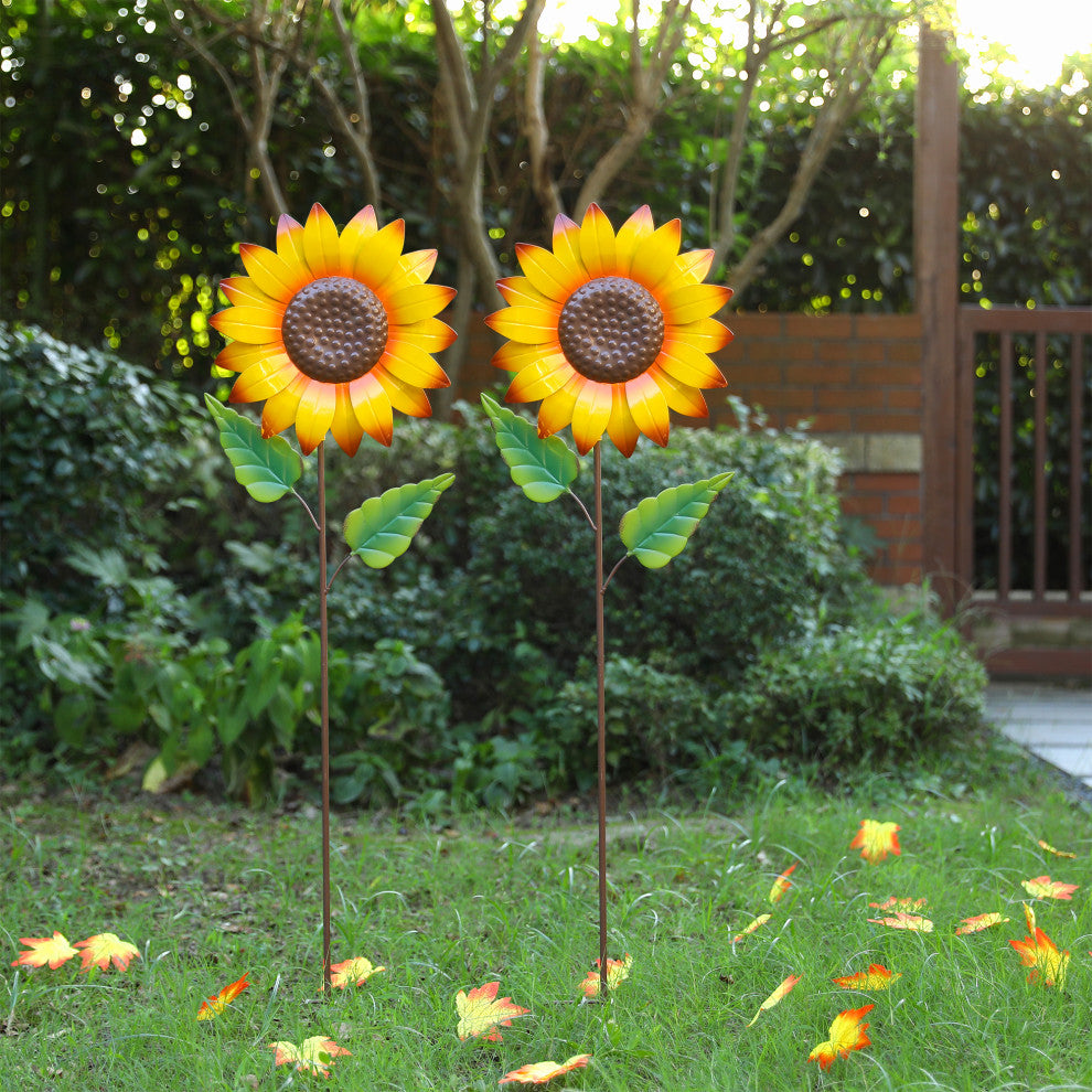 2-Piece Set 42"H Fall Metal Sunflower Yard Stake
