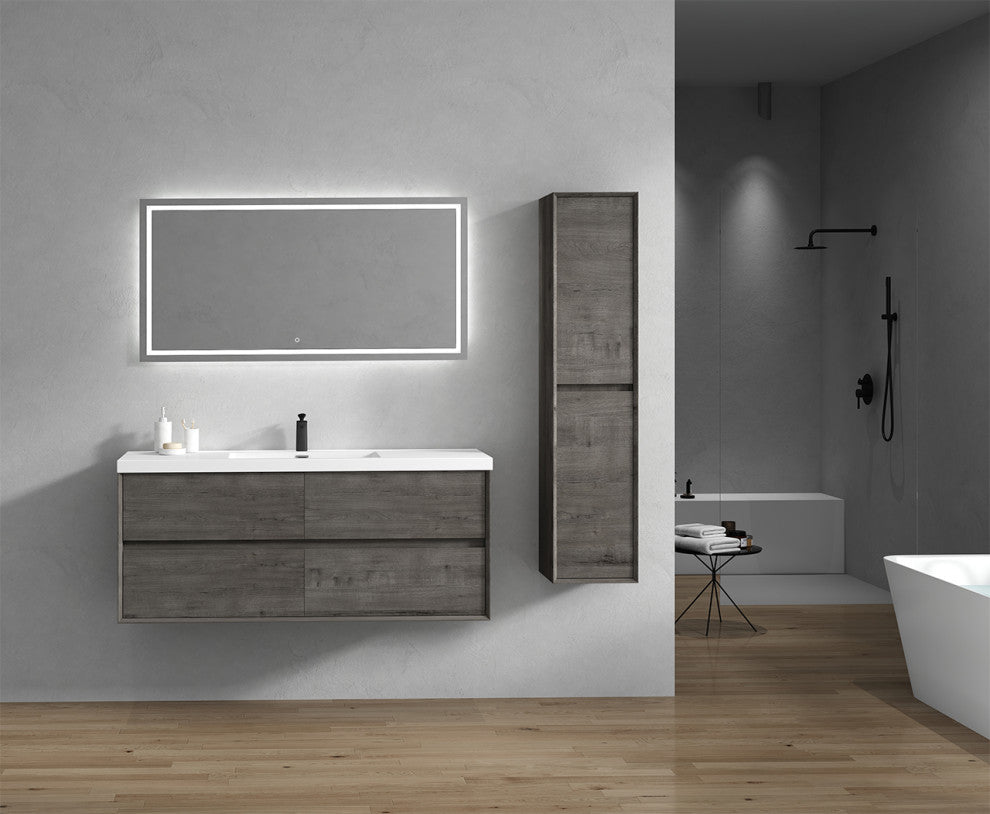 Kingdee Smoke Oak Wall Mounted Vanity With Reinforced Acrylic Sink, 60''