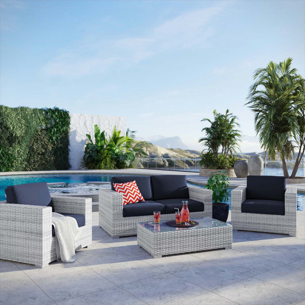 Lounge Sectional Sofa Chair Set, Rattan, Wicker, Gray Blue Navy, Outdoor