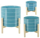 10" Striped Planter With Wood Stand, Sky Blue