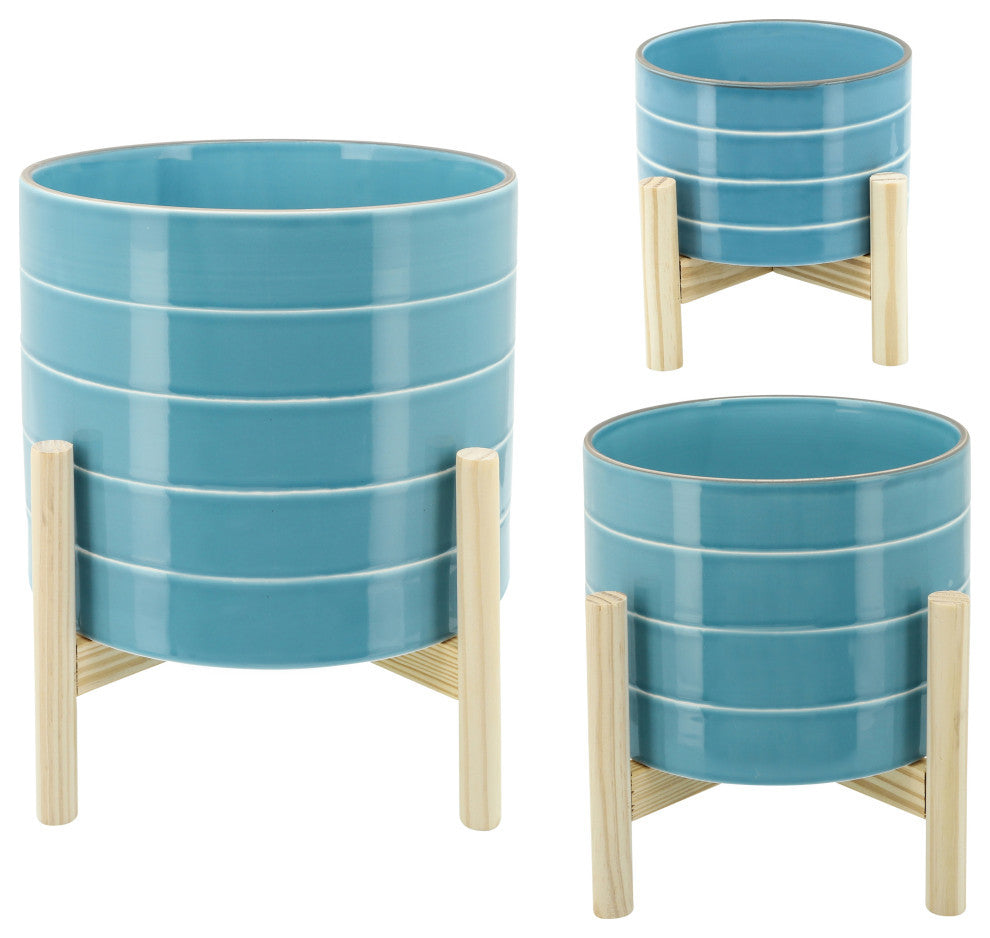 10" Striped Planter With Wood Stand, Sky Blue