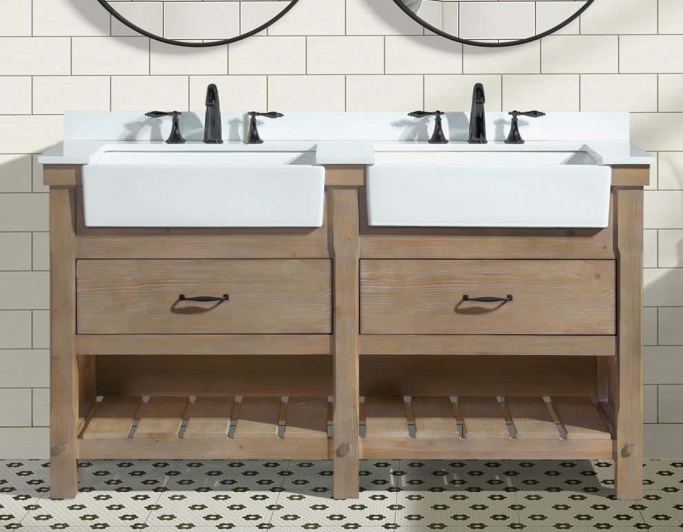 Marina 60" Bathroom Vanity, Weathered Finish, White Engineered Stone