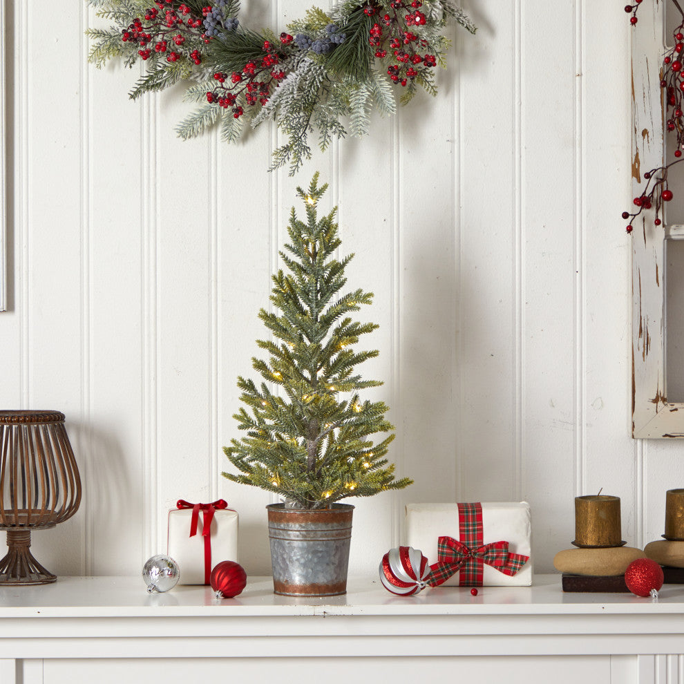 26" Pine Natural Look" Christmas Tree With 35 White Lights, Rustic Metal Planter