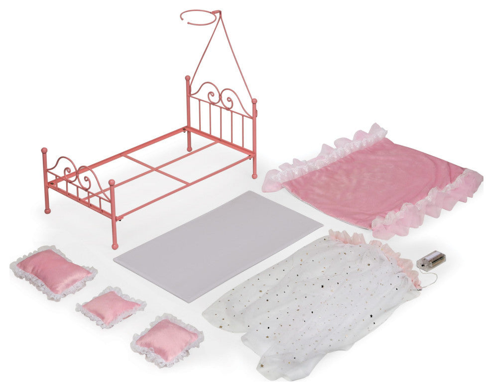 Starlights Led Canopy Metal Doll Bed With Bedding, Pink