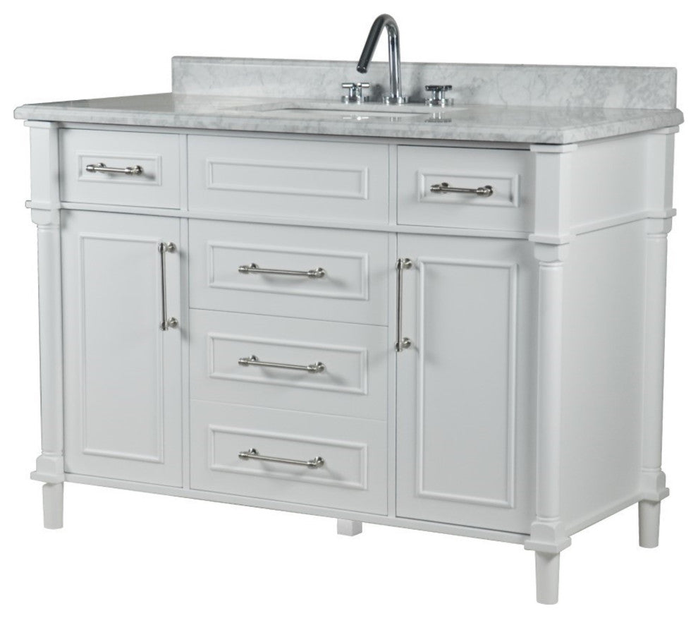 48" Single Vanity, White With White Carrara Marble Top