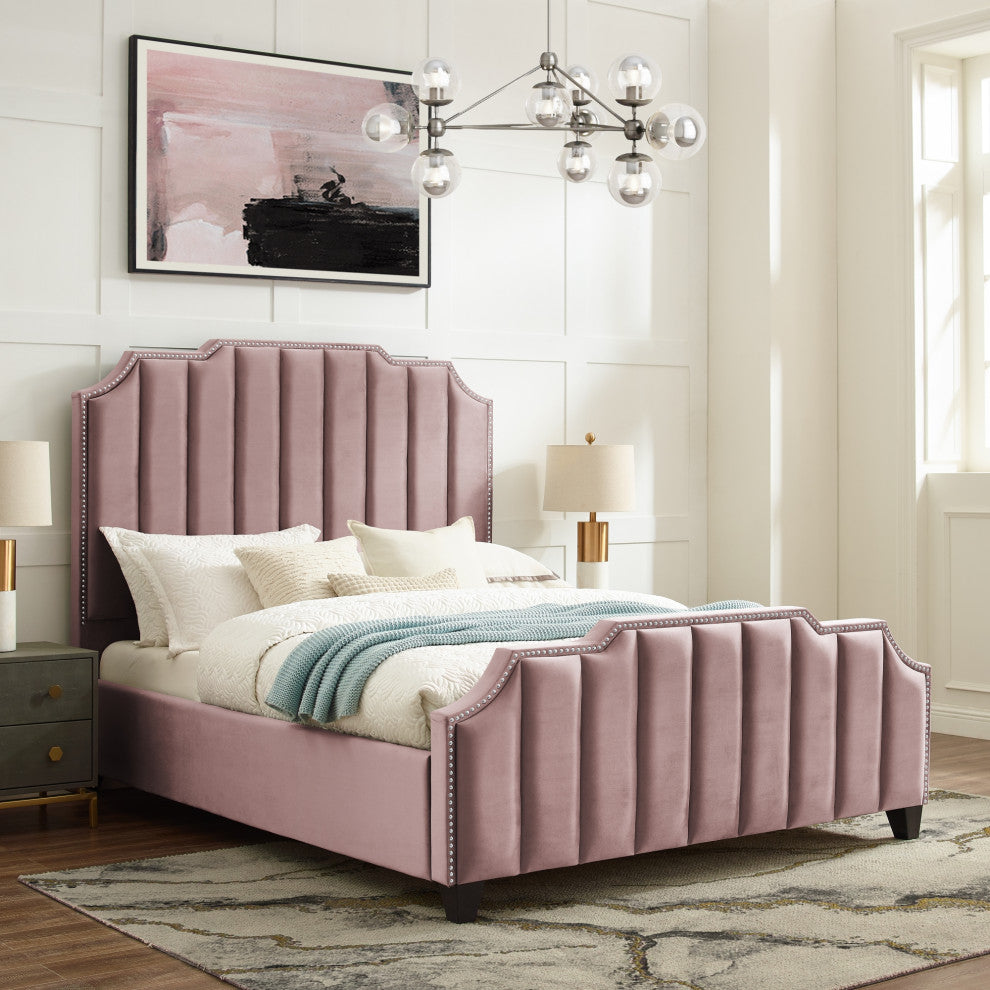 Inspired Home Zaida Bed, Velvet Upholstered, Pink, Queen