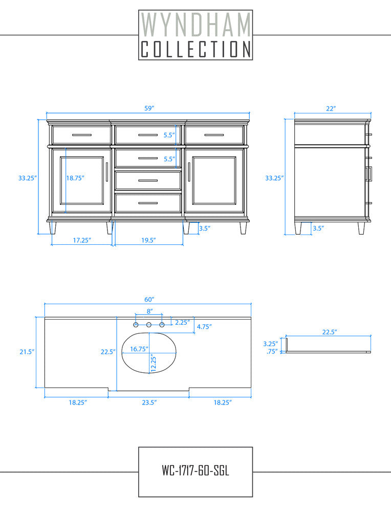 Berkeley 60" White Single Vanity, Ivory Marble Top, Um Rd Sink, 56"