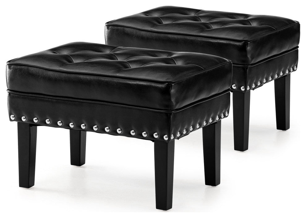 Set of 2 Leatherette Button-Tufted Accent Stool, Black