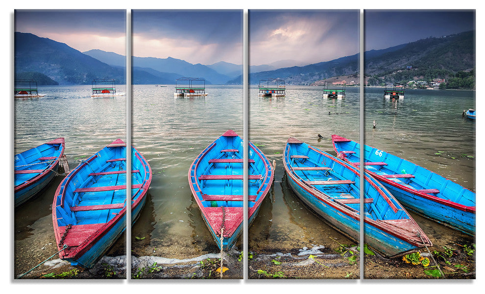 Row of Blue Boats in Pokhara Lake, Boat Canvas Art Print, 48"x28", 4 Panels