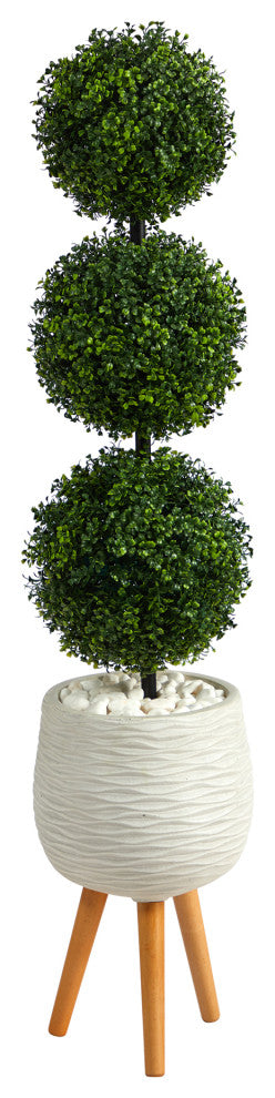 51" Boxwood Triple Ball Topiary Faux Tree White Planter W/ Stand Indoor/Outdoor