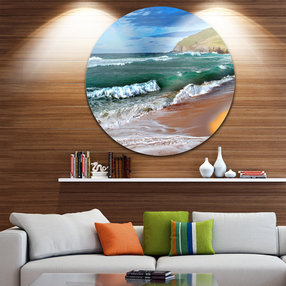 Blue Sea With Warm Waves, Seascape Painting Disc Metal Artwork, 11"