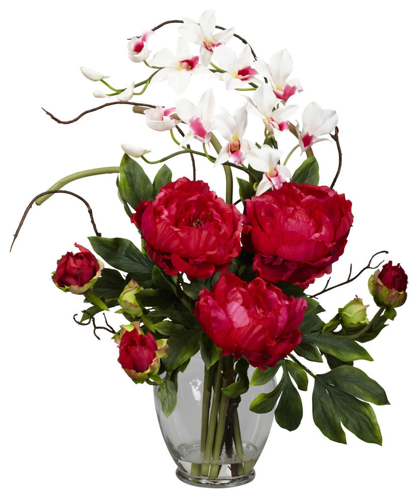 Peony and Orchid Silk Flower Arrangement, Red