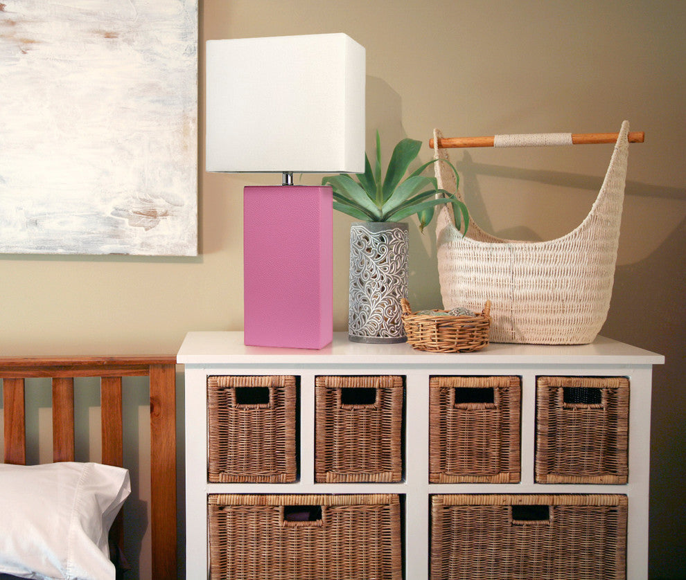 Elegant Designs Modern Leather Table Lamp With White Fabric Shade, Hot Pink