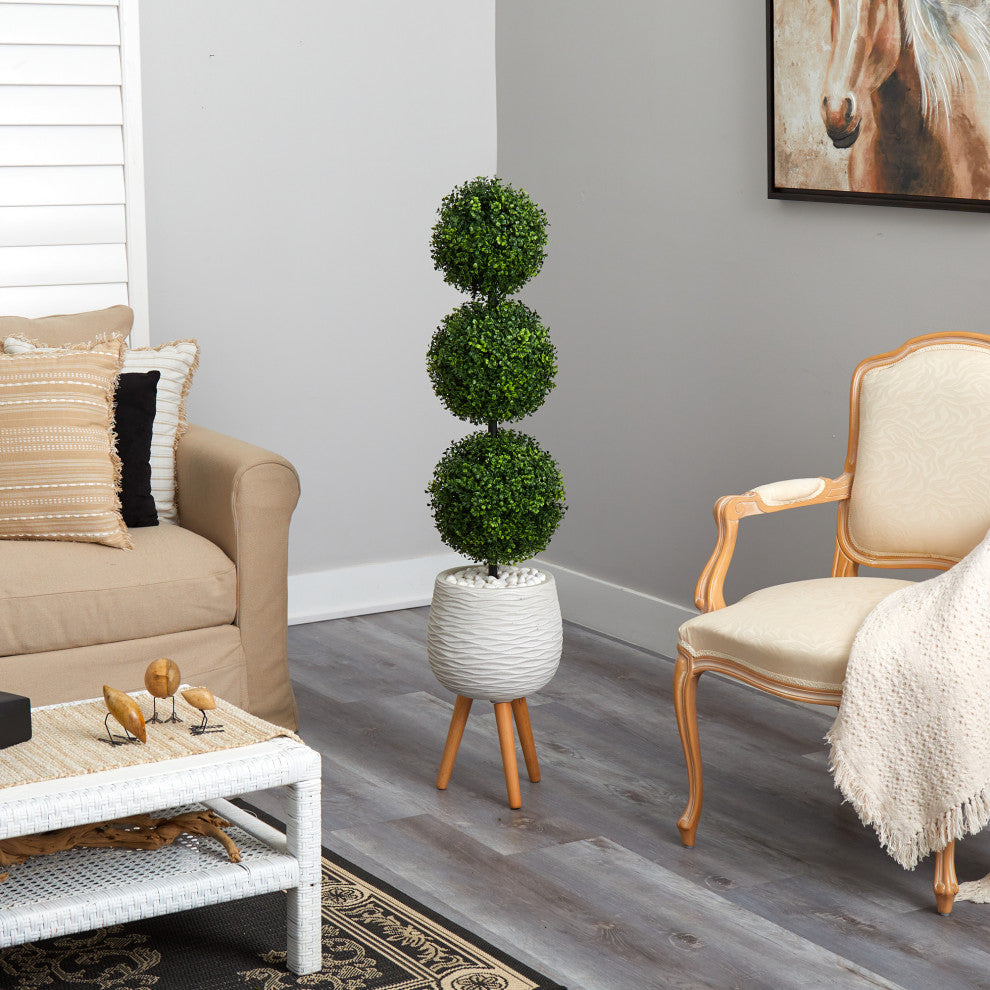 51" Boxwood Triple Ball Topiary Faux Tree White Planter W/ Stand Indoor/Outdoor