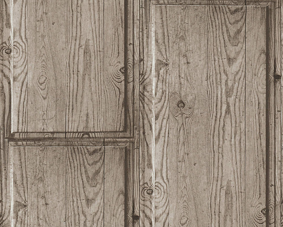 Loft Textured Wallpaper Featuring Rustic Wood, Brown Gray, One Roll