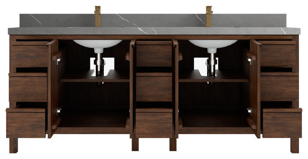 Elizabeth 84 Double Sink Bath Vanity in Dark Walnut Teak 2" Piatra Gray