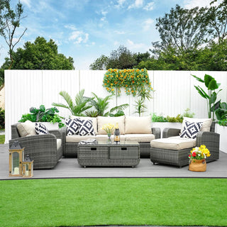 5-Piece Patio Wicker Cozy Conversation Seating Set, Grey Wicker